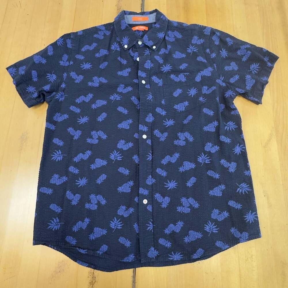 Joe Fresh Pineapple Print Short Sleeve Button Down Shirt L Navy Blue